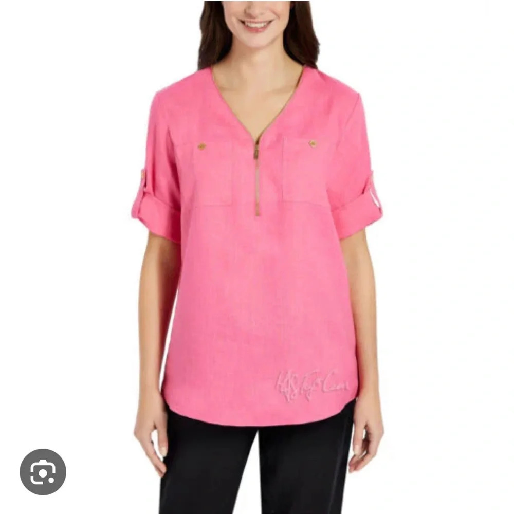 Company‎ Ellen Tracy 100% Linen Zippered Neck Peony Tunic Blouse. Size XL.